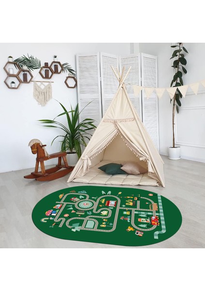 Dijital Baskılı Kaymaz Yıkanabilir Eğlenceli Eğitici Oval Çocuk Odası Halısı, N-O-Çocuk-48-Yeşil, indirimleri