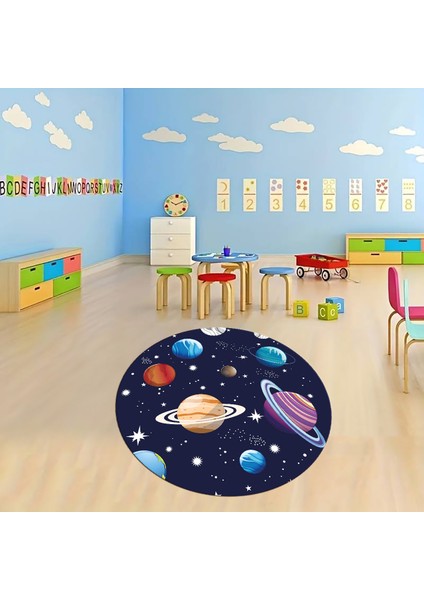 Dijital Baskılı Kaymaz Yıkanabilir Eğlenceli Yuvarlak Çocuk Odası Halısı, N-Y-Çocuk-38-Lacivert,