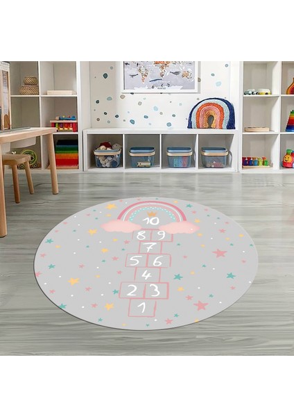 Dijital Baskılı Kaymaz Yıkanabilir Eğlenceli Yuvarlak Çocuk Odası Halısı, N-Y-Çocuk-12-Gri,