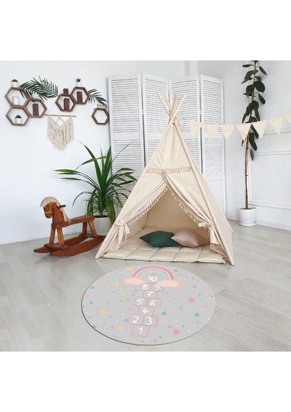 Dijital Baskılı Kaymaz Yıkanabilir Eğlenceli Yuvarlak Çocuk Odası Halısı, N-Y-Çocuk-12-Gri, modelleri