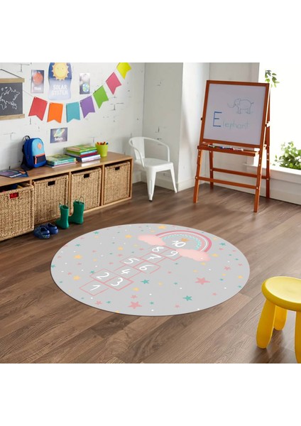 Dijital Baskılı Kaymaz Yıkanabilir Eğlenceli Yuvarlak Çocuk Odası Halısı, N-Y-Çocuk-12-Gri, fırsatları
