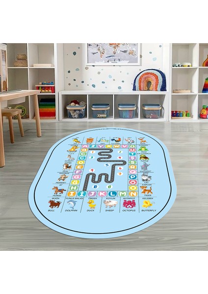 Dijital Baskılı Kaymaz Yıkanabilir Eğlenceli Eğitici Oval Çocuk Odası Halısı, N-O-Çocuk-44-Mavi,