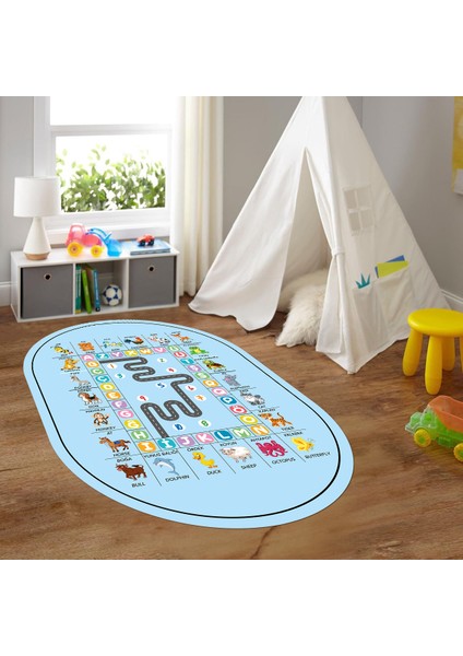 Dijital Baskılı Kaymaz Yıkanabilir Eğlenceli Eğitici Oval Çocuk Odası Halısı, N-O-Çocuk-44-Mavi,