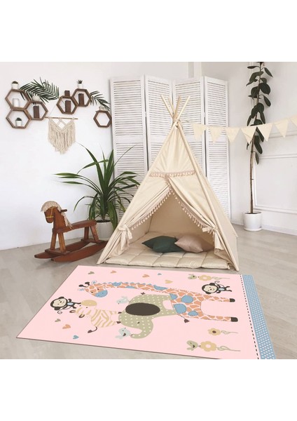 Dijital Baskılı Kaymaz Taban Yıkanabilir Eğlenceli Eğitici Çocuk Odası Halısı, N-Çocuk-21-Pembe,