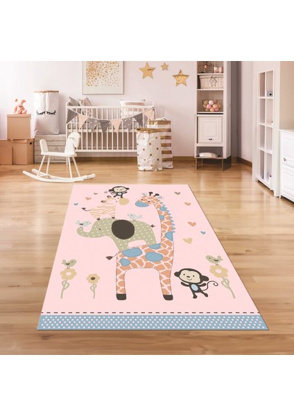 Dijital Baskılı Kaymaz Taban Yıkanabilir Eğlenceli Eğitici Çocuk Odası Halısı, N-Çocuk-21-Pembe,