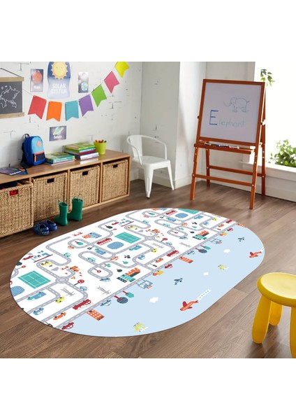 Dijital Baskılı Kaymaz Yıkanabilir Eğlenceli Eğitici Oval Çocuk Odası Halısı, N-O-Çocuk-19-Renkli,