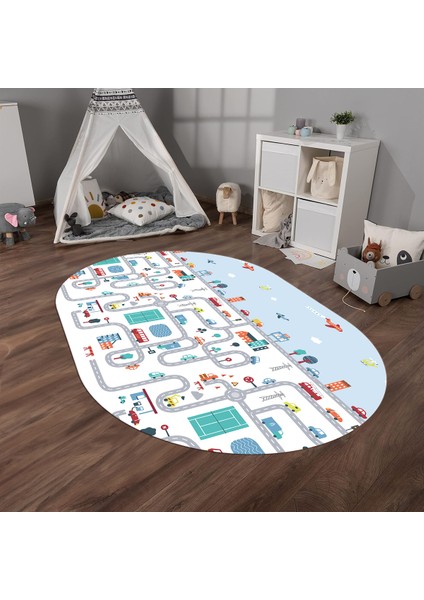 Dijital Baskılı Kaymaz Yıkanabilir Eğlenceli Eğitici Oval Çocuk Odası Halısı, N-O-Çocuk-19-Renkli,
