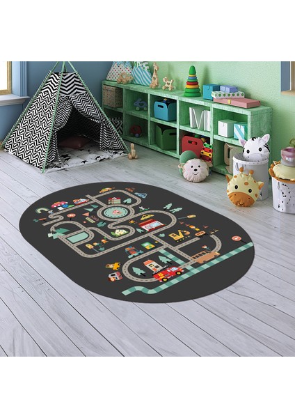 Dijital Baskılı Kaymaz Yıkanabilir Eğlenceli Eğitici Oval Çocuk Odası Halısı, N-O-Çocuk-48-Antrasit,