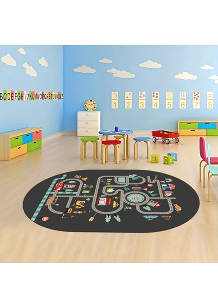 Dijital Baskılı Kaymaz Yıkanabilir Eğlenceli Eğitici Oval Çocuk Odası Halısı, N-O-Çocuk-48-Antrasit, fiyatları