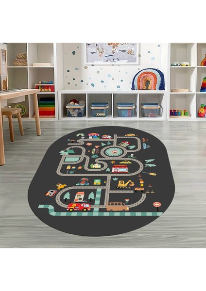 Dijital Baskılı Kaymaz Yıkanabilir Eğlenceli Eğitici Oval Çocuk Odası Halısı, N-O-Çocuk-48-Antrasit, modelleri