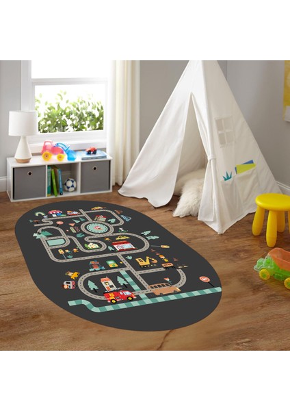 Dijital Baskılı Kaymaz Yıkanabilir Eğlenceli Eğitici Oval Çocuk Odası Halısı, N-O-Çocuk-48-Antrasit, fırsatları