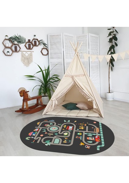 Dijital Baskılı Kaymaz Yıkanabilir Eğlenceli Eğitici Oval Çocuk Odası Halısı, N-O-Çocuk-48-Antrasit, indirimleri
