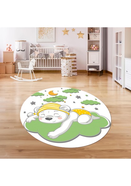 Dijital Baskılı Kaymaz Yıkanabilir Eğlenceli Yuvarlak Çocuk Odası Halısı, N-Y-Çocuk-34-Yeşil,