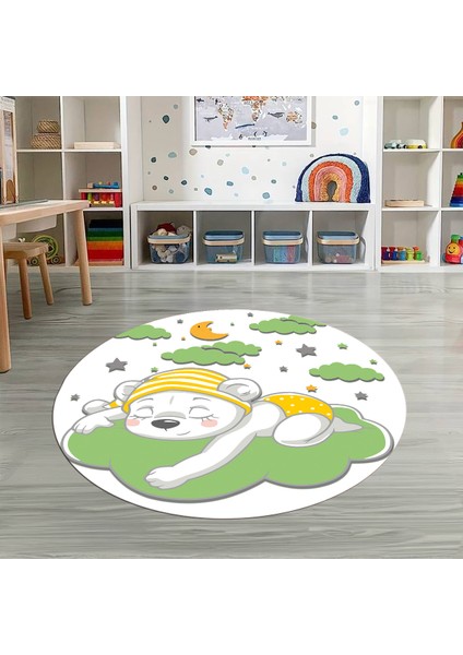 Dijital Baskılı Kaymaz Yıkanabilir Eğlenceli Yuvarlak Çocuk Odası Halısı, N-Y-Çocuk-34-Yeşil, indirimleri