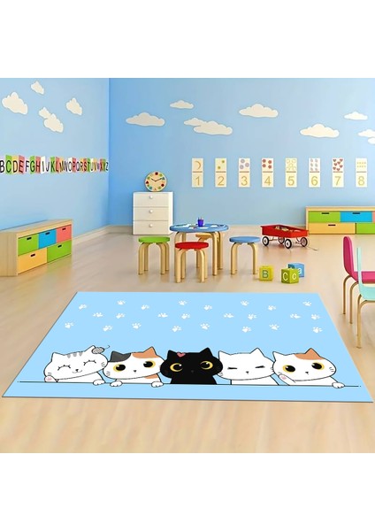 Dijital Baskılı Kaymaz Taban Yıkanabilir Eğlenceli Eğitici Çocuk Odası Halısı, N-Çocuk-49-Mavi,