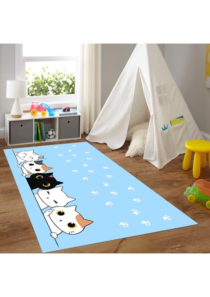 Dijital Baskılı Kaymaz Taban Yıkanabilir Eğlenceli Eğitici Çocuk Odası Halısı, N-Çocuk-49-Mavi,