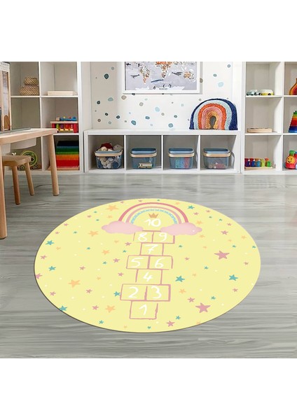 Dijital Baskılı Kaymaz Yıkanabilir Eğlenceli Yuvarlak Çocuk Odası Halısı, N-Y-Çocuk-12-Sarı,