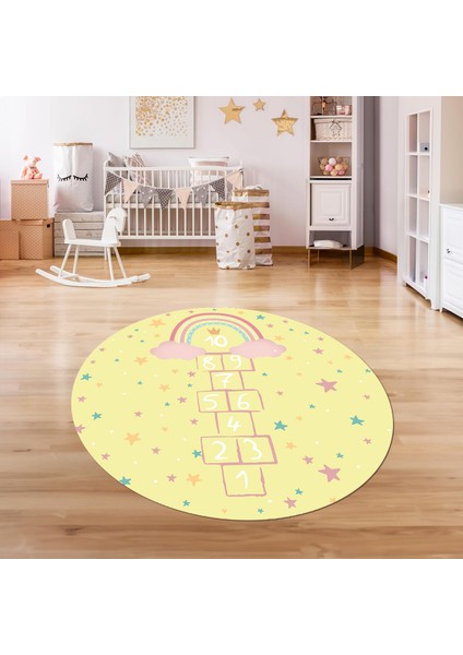 Dijital Baskılı Kaymaz Yıkanabilir Eğlenceli Yuvarlak Çocuk Odası Halısı, N-Y-Çocuk-12-Sarı, indirimleri