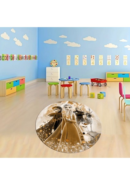 Dijital Baskılı Kaymaz Yıkanabilir Eğlenceli Yuvarlak Çocuk Odası Halısı, N-Y-Çocuk-42-Kahve,