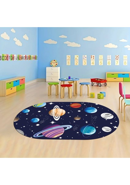 Dijital Baskılı Kaymaz Yıkanabilir Eğlenceli Eğitici Oval Çocuk Odası Halısı, N-O-Çocuk-38-Lacivert, fırsatları