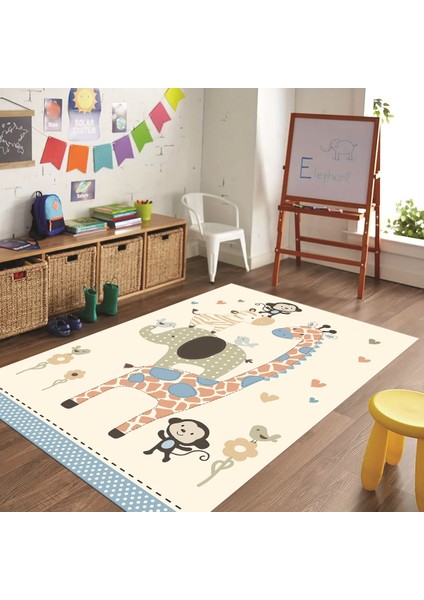 Dijital Baskılı Kaymaz Taban Yıkanabilir Eğlenceli Eğitici Çocuk Odası Halısı, N-Çocuk-21-Krem,
