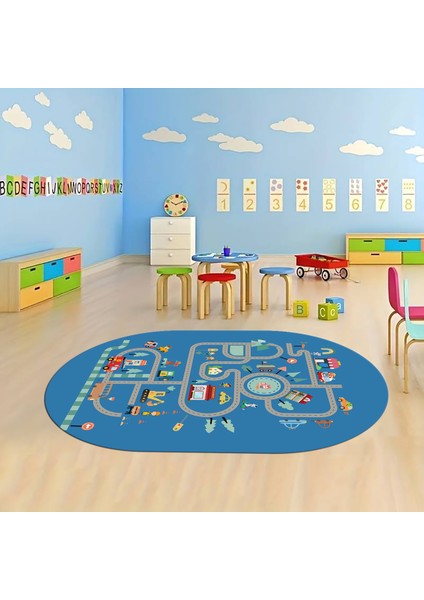 Dijital Baskılı Kaymaz Yıkanabilir Eğlenceli Eğitici Oval Çocuk Odası Halısı, N-O-Çocuk-48-Mavi, fiyatları