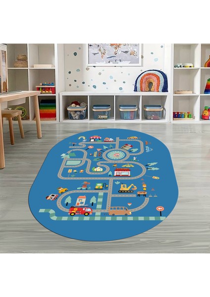 Dijital Baskılı Kaymaz Yıkanabilir Eğlenceli Eğitici Oval Çocuk Odası Halısı, N-O-Çocuk-48-Mavi, modelleri