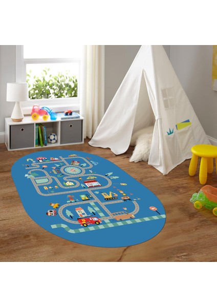 Dijital Baskılı Kaymaz Yıkanabilir Eğlenceli Eğitici Oval Çocuk Odası Halısı, N-O-Çocuk-48-Mavi, fırsatları