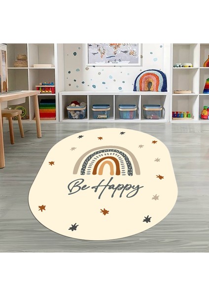 Dijital Baskılı Kaymaz Yıkanabilir Eğlenceli Eğitici Oval Çocuk Odası Halısı, N-O-Çocuk-14-Krem,