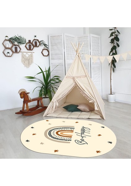 Dijital Baskılı Kaymaz Yıkanabilir Eğlenceli Eğitici Oval Çocuk Odası Halısı, N-O-Çocuk-14-Krem,