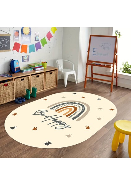 Dijital Baskılı Kaymaz Yıkanabilir Eğlenceli Eğitici Oval Çocuk Odası Halısı, N-O-Çocuk-14-Krem,