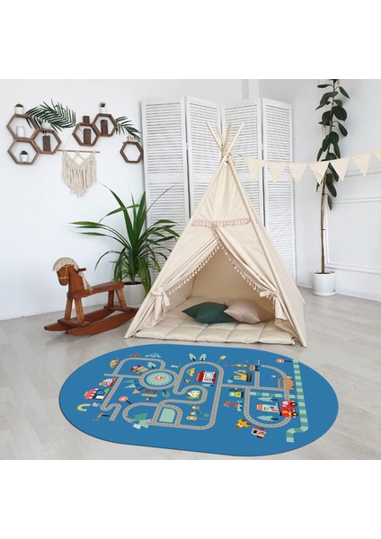 Dijital Baskılı Kaymaz Yıkanabilir Eğlenceli Eğitici Oval Çocuk Odası Halısı, N-O-Çocuk-48-Mavi, indirimleri