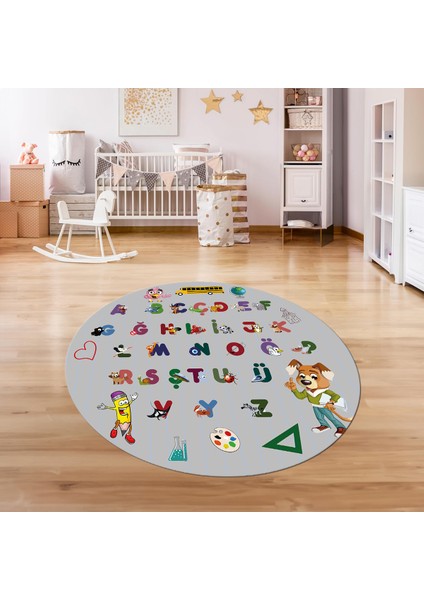 Dijital Baskılı Kaymaz Yıkanabilir Eğlenceli Yuvarlak Çocuk Odası Halısı, N-Y-Çocuk-33-Gri,