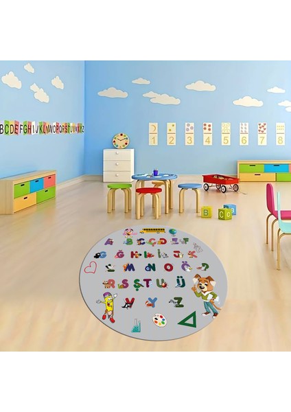 Dijital Baskılı Kaymaz Yıkanabilir Eğlenceli Yuvarlak Çocuk Odası Halısı, N-Y-Çocuk-33-Gri, fırsatları