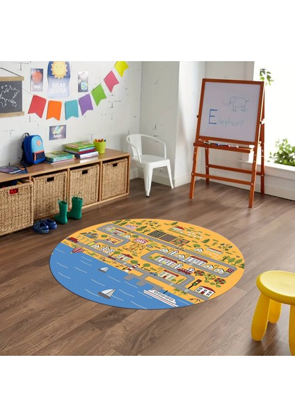 Dijital Baskılı Kaymaz Yıkanabilir Eğlenceli Yuvarlak Çocuk Odası Halısı, N-Y-Çocuk-07-Turuncu,