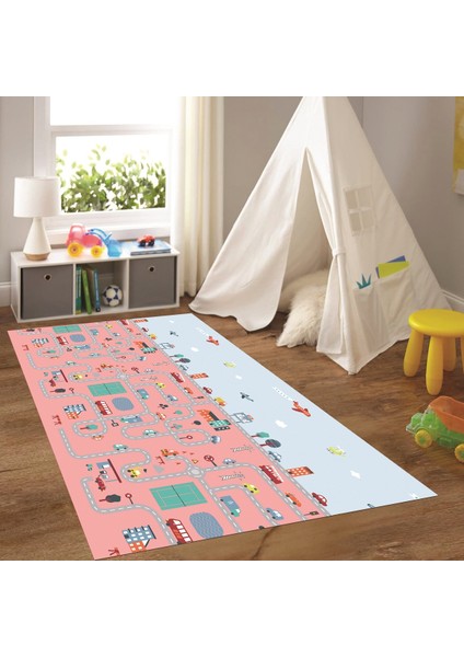 Dijital Baskılı Kaymaz Taban Yıkanabilir Eğlenceli Eğitici Çocuk Odası Halısı, N-Çocuk-19-Pembe,