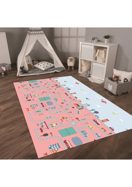 Dijital Baskılı Kaymaz Taban Yıkanabilir Eğlenceli Eğitici Çocuk Odası Halısı, N-Çocuk-19-Pembe, indirimleri