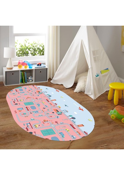 Dijital Baskılı Kaymaz Yıkanabilir Eğlenceli Eğitici Oval Çocuk Odası Halısı, N-O-Çocuk-19-Pembe,