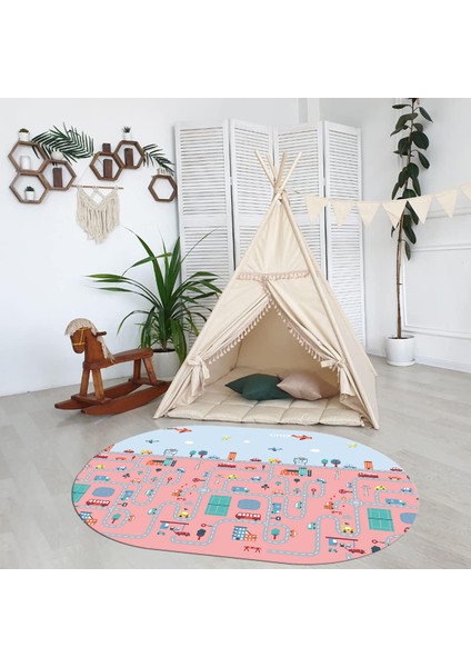 Dijital Baskılı Kaymaz Yıkanabilir Eğlenceli Eğitici Oval Çocuk Odası Halısı, N-O-Çocuk-19-Pembe,