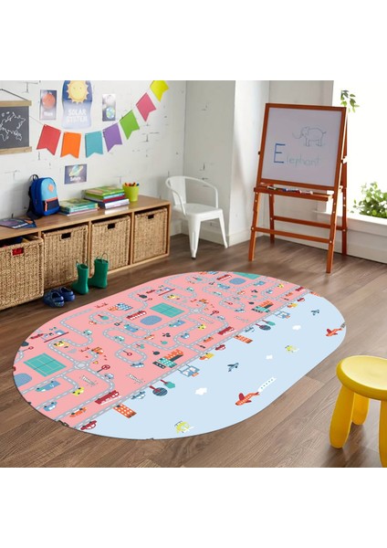 Dijital Baskılı Kaymaz Yıkanabilir Eğlenceli Eğitici Oval Çocuk Odası Halısı, N-O-Çocuk-19-Pembe,