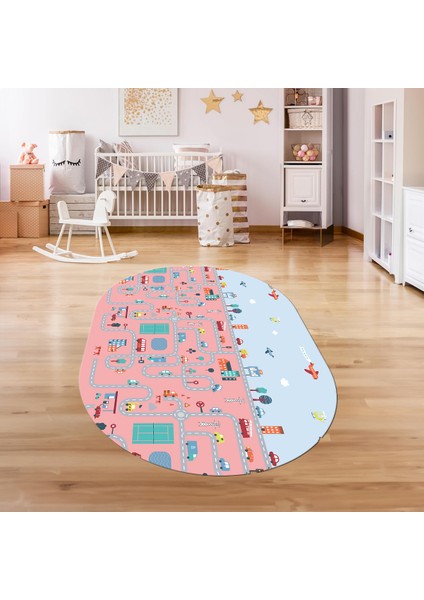 Dijital Baskılı Kaymaz Yıkanabilir Eğlenceli Eğitici Oval Çocuk Odası Halısı, N-O-Çocuk-19-Pembe,