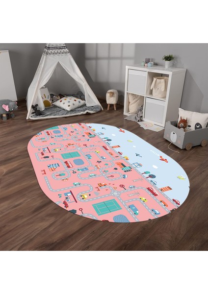 Dijital Baskılı Kaymaz Yıkanabilir Eğlenceli Eğitici Oval Çocuk Odası Halısı, N-O-Çocuk-19-Pembe,