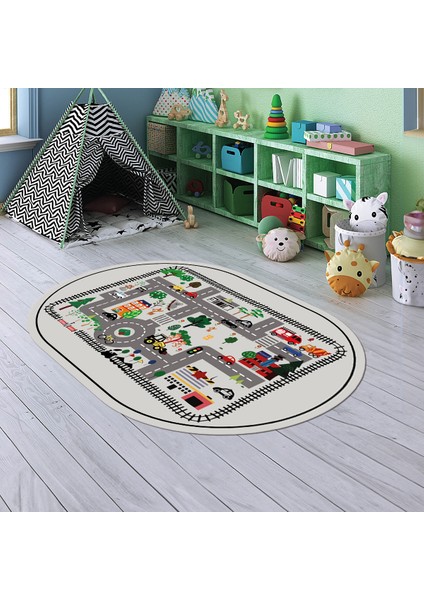 Dijital Baskılı Kaymaz Yıkanabilir Eğlenceli Eğitici Oval Çocuk Odası Halısı, N-O-Çocuk-46-Gri,