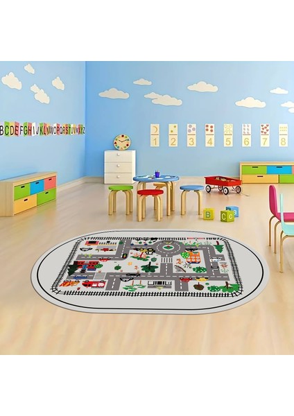 Dijital Baskılı Kaymaz Yıkanabilir Eğlenceli Eğitici Oval Çocuk Odası Halısı, N-O-Çocuk-46-Gri,