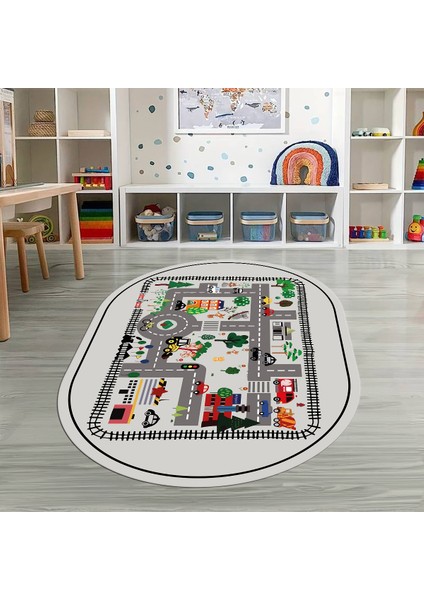 Dijital Baskılı Kaymaz Yıkanabilir Eğlenceli Eğitici Oval Çocuk Odası Halısı, N-O-Çocuk-46-Gri,