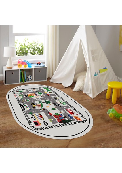 Dijital Baskılı Kaymaz Yıkanabilir Eğlenceli Eğitici Oval Çocuk Odası Halısı, N-O-Çocuk-46-Gri,