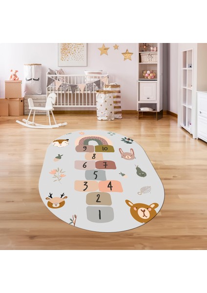 Dijital Baskılı Kaymaz Yıkanabilir Eğlenceli Eğitici Oval Çocuk Odası Halısı, N-O-Çocuk-29-Gri, fiyatları