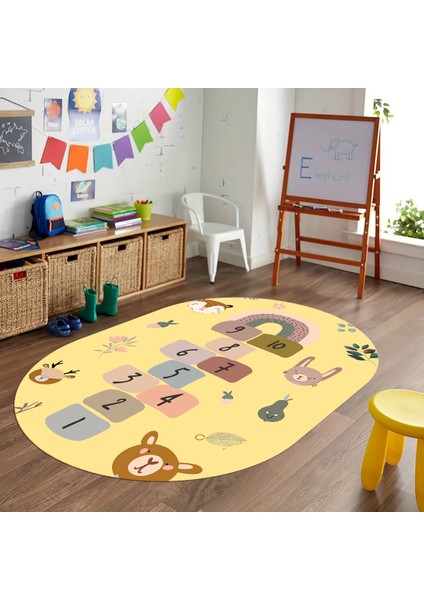 Dijital Baskılı Kaymaz Yıkanabilir Eğlenceli Eğitici Oval Çocuk Odası Halısı, N-O-Çocuk-29-Sarı,