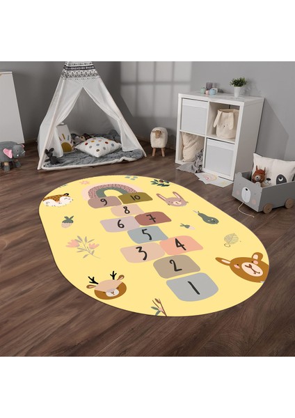 Dijital Baskılı Kaymaz Yıkanabilir Eğlenceli Eğitici Oval Çocuk Odası Halısı, N-O-Çocuk-29-Sarı,