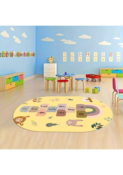 Dijital Baskılı Kaymaz Yıkanabilir Eğlenceli Eğitici Oval Çocuk Odası Halısı, N-O-Çocuk-29-Sarı,